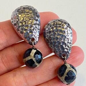 Simon Sebbag Israel 925 Sterling Silver Hammered Clip On Dangle Earrings Stone